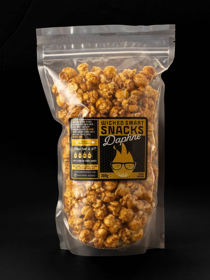 DAPHNE Hot Honey Popcorn for wholesale by Wicked Smart Hot Sauce
