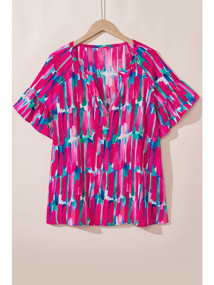Rose Abstract Ruffle Sleeve Buttoned Blouse Plus Size for wholesale on Faire