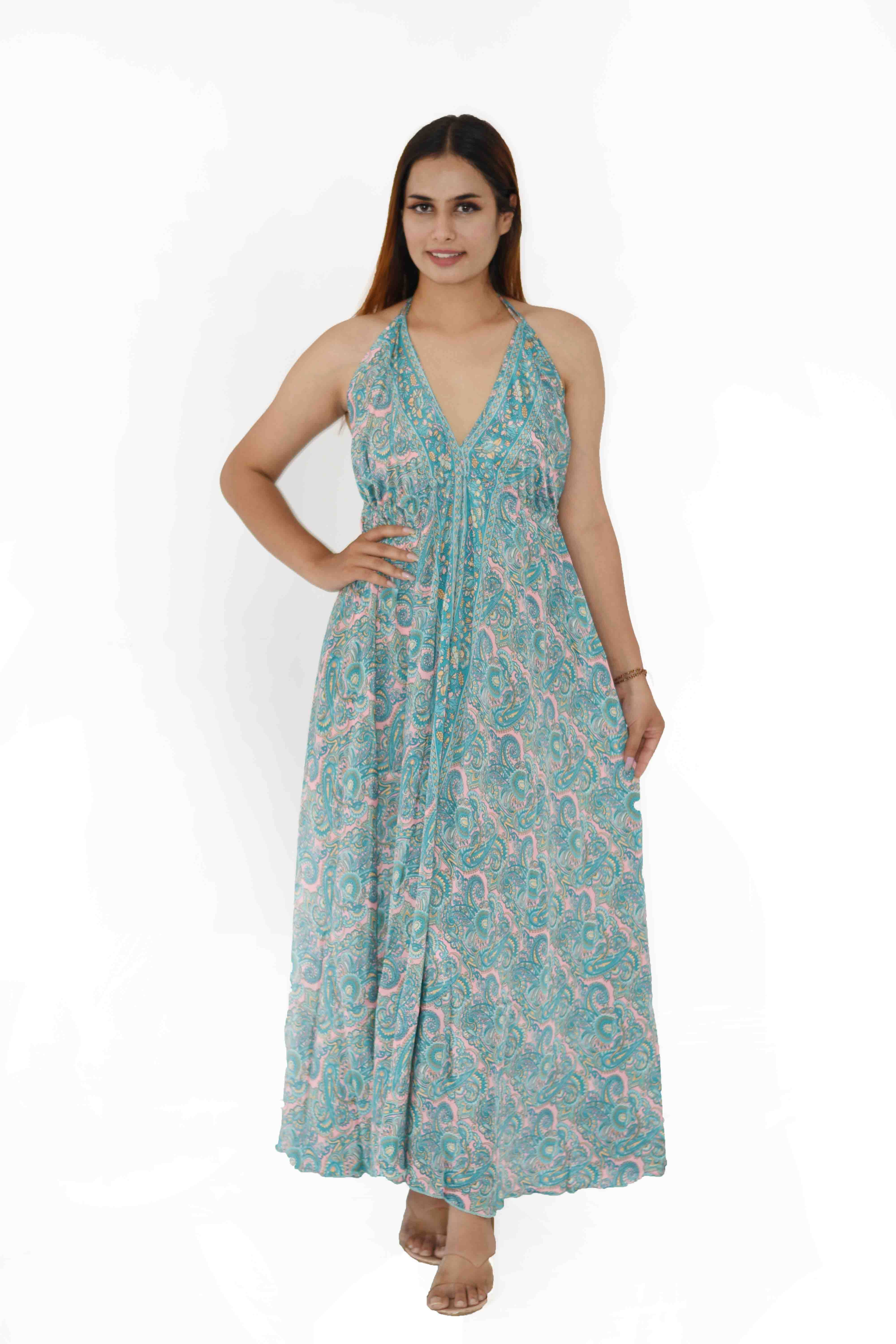 Humanity Centred Designs – Großhandel Kleid – Damen – Boho Kleid Neckholder rückenfrei bedruckte Rüsche in voller Länge7