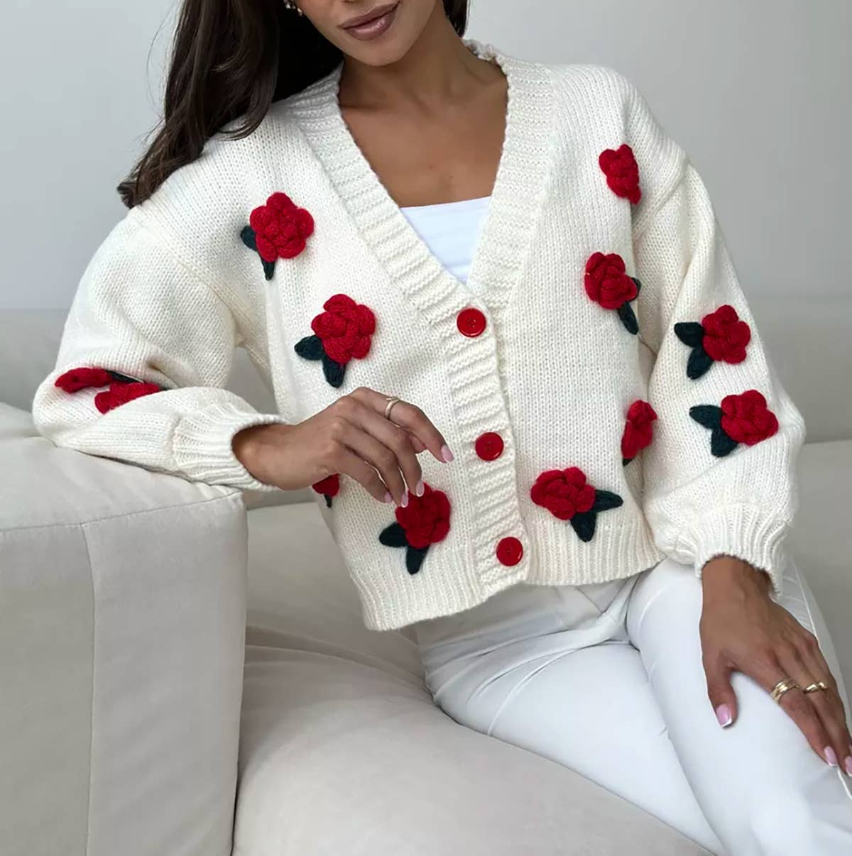 Rosa Clothing - Vente Cardigan – femme - joli cardigan en tricot à fleurs 3D avec petite boule de rose10