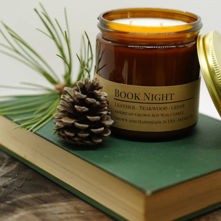 Book Night Soy Wax Candle | 16 oz Double Wick Amber Apotheca for wholesale by Prairie Fire Candles