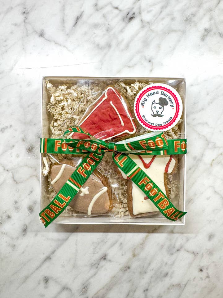 Football-Themed Peanut Butter Dog Cookies | Hand Decorated for wholesale by Big Head Barkery