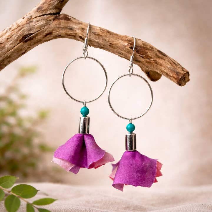 Long Sterling Silver Earrings with Pink Flower and Turquoise for wholesale by Buckaroo Bling LLC dba Bling Boheme