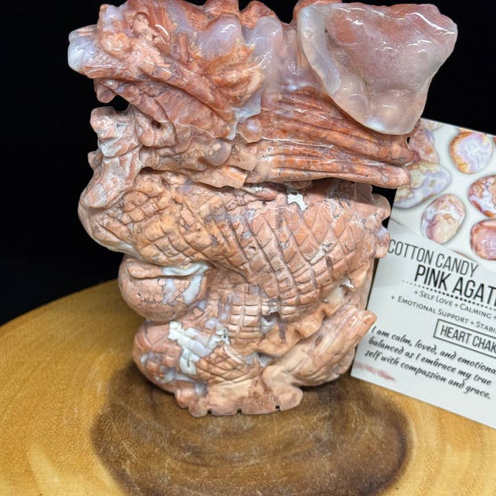 Exquisita talla de dragón de ágata druzy rosa algodón de azúcar F805 para venta al por mayor de The 7 Directions