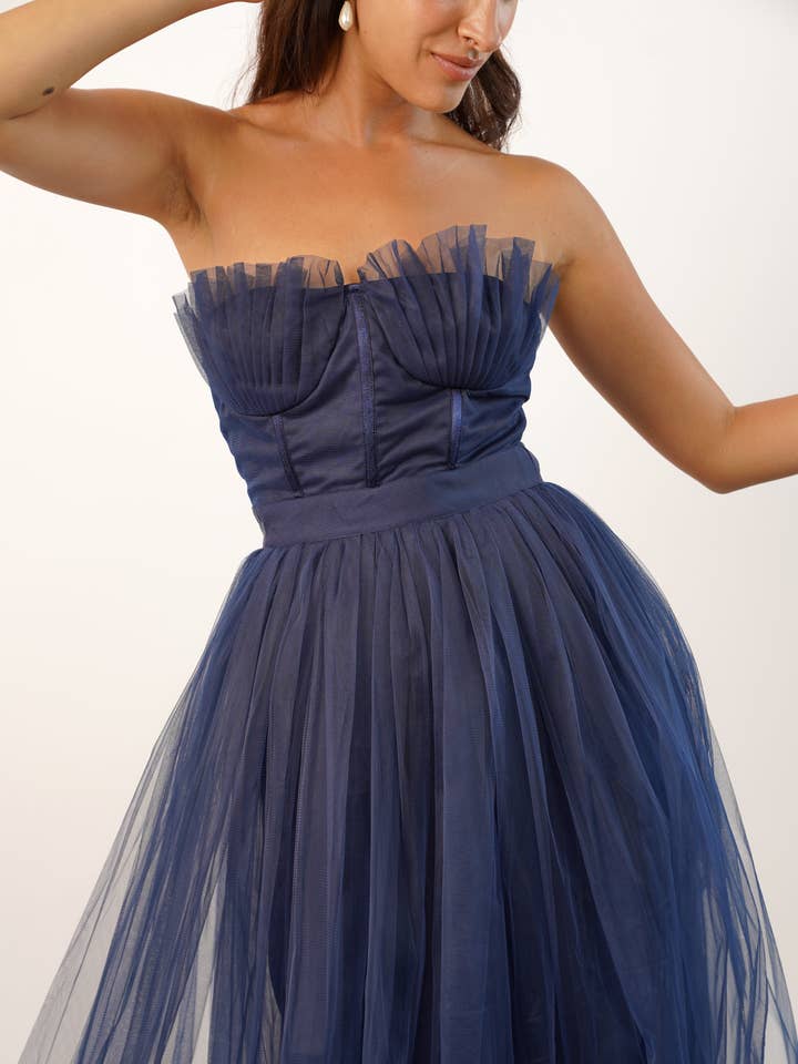 Nimo Dark Blue Tulle Midi Dress with Shell Cups for wholesale on Faire