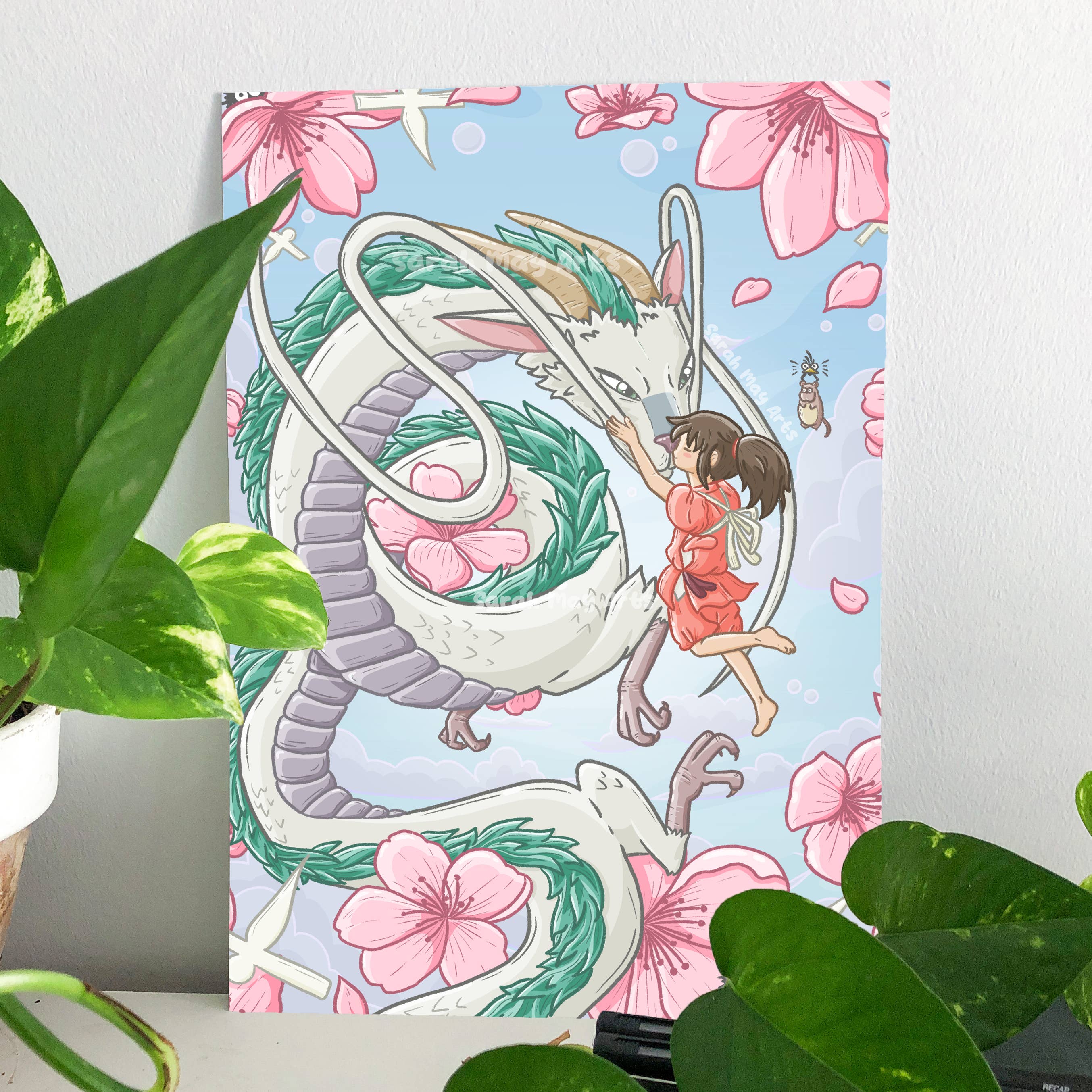 Sarah May Arts - Wholesale Art Print - Spirit Dragon Print | Fine Line Anime Floral Art5