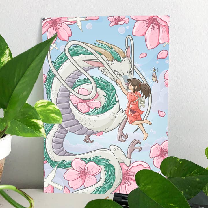 Sarah May Arts - Wholesale Art Print - Spirit Dragon Print | Fine Line Anime Floral Art5