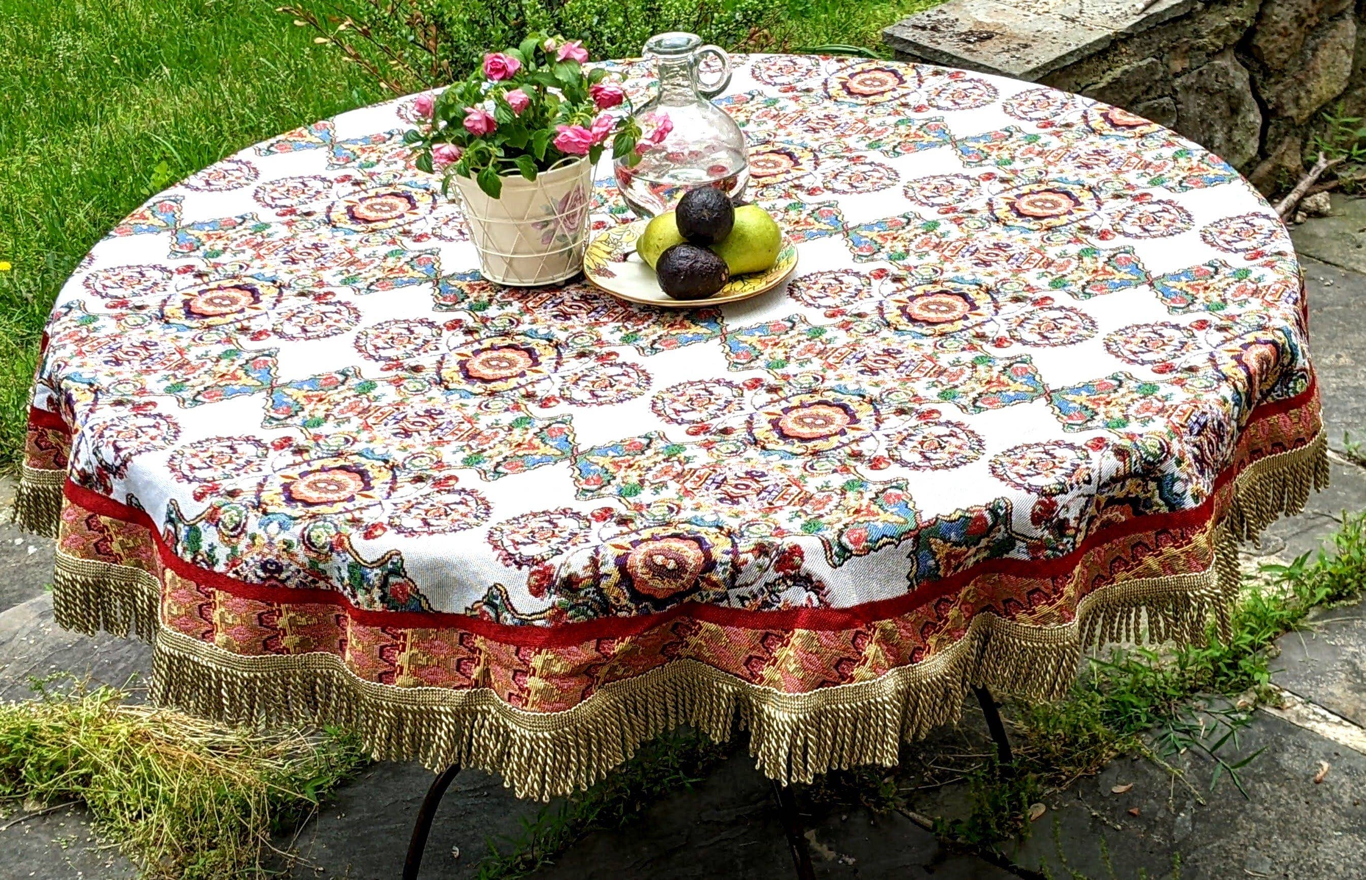 Tache Home Fashion - Wholesale Tablecloth - Tache Elegant Ivory Colorful Ornate Paisley Woven Tapestry Tablecloth (18193)5