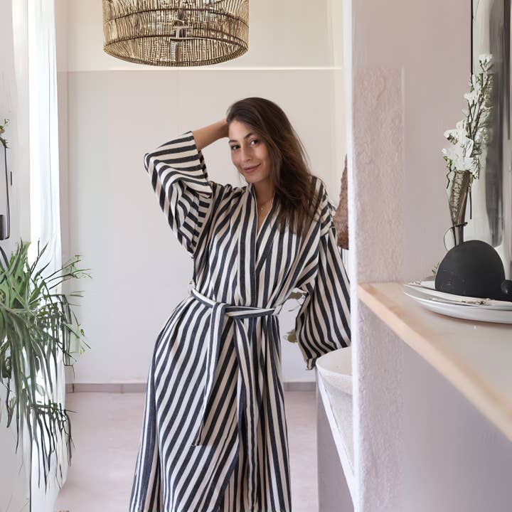 Vivamaison - Vendita all'ingrosso Vestaglia - Unisex - Kimono a Righe in Cotone Premium, Comfort Leggero1