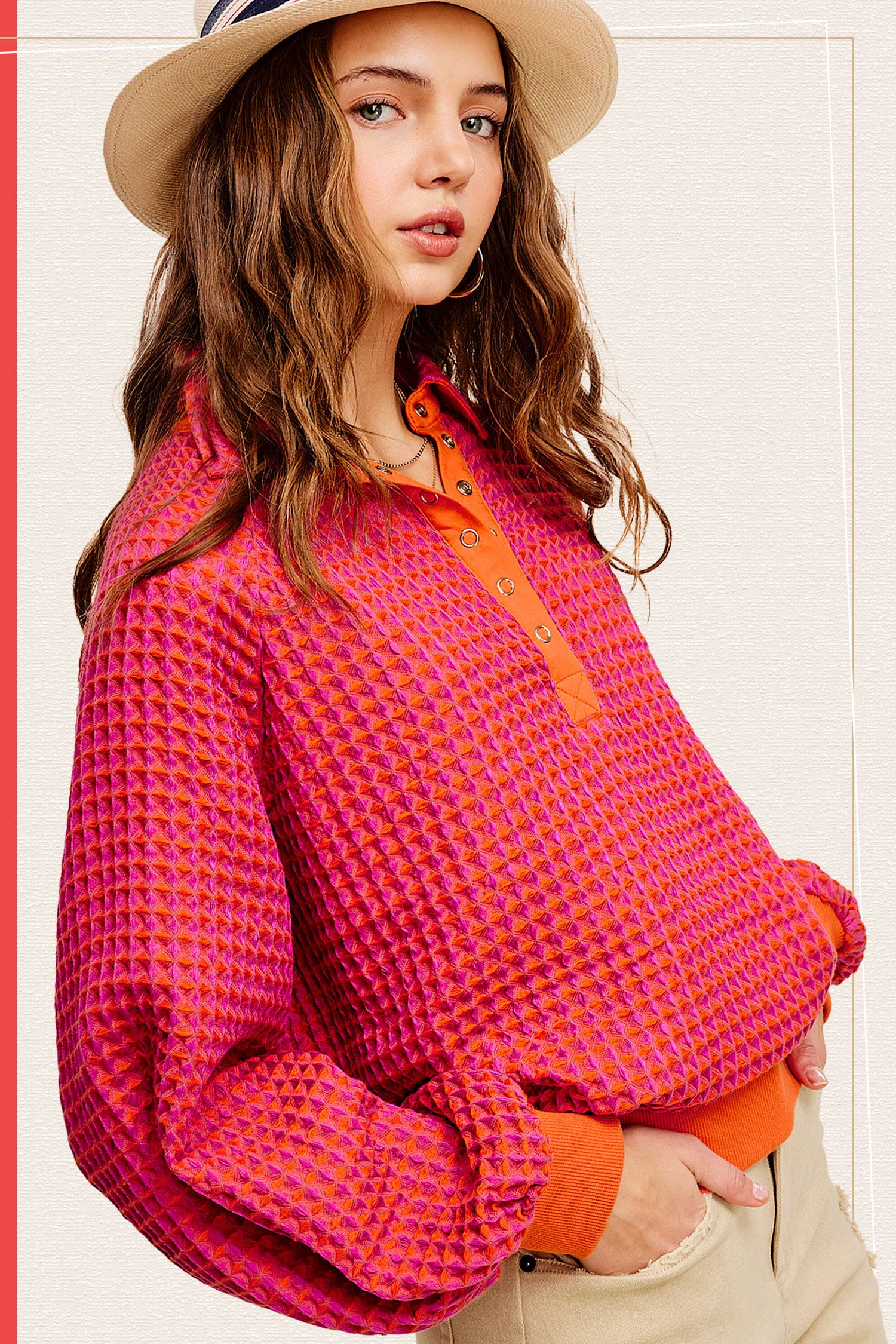 La Miel - Wholesale Sweatshirt - Women's - HCS3576-Unique Two Tone Textured Snap Button Front Top10