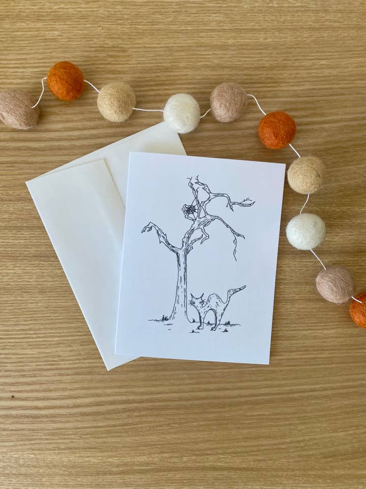 Minimal Blank Ink Halloween Cat Greeting Card for wholesale by jcarp designs