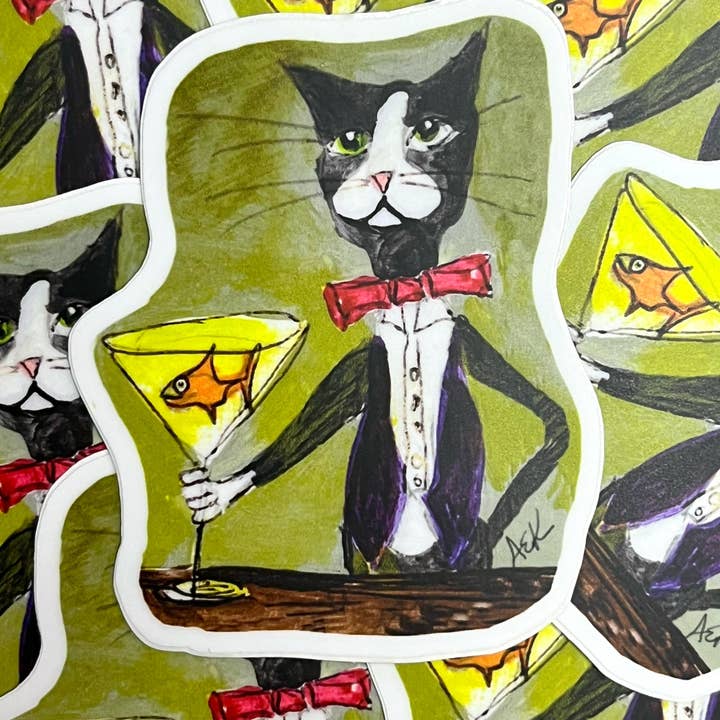 Tuxedo Cat Bartender Die Cut Waterproof Vinyl Sticker for wholesale by Alison E. Kurek