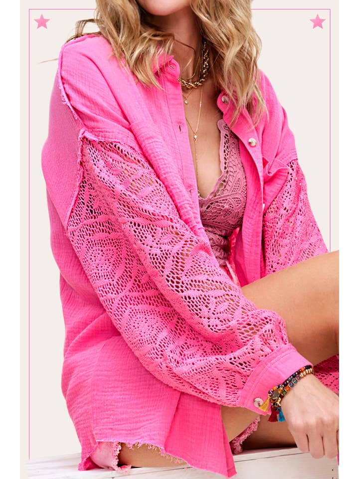 La Miel - Wholesale Button Down Shirt - Women's - SRT7455-Crochet Detailed Sleeve Gauze Button Down Shirts