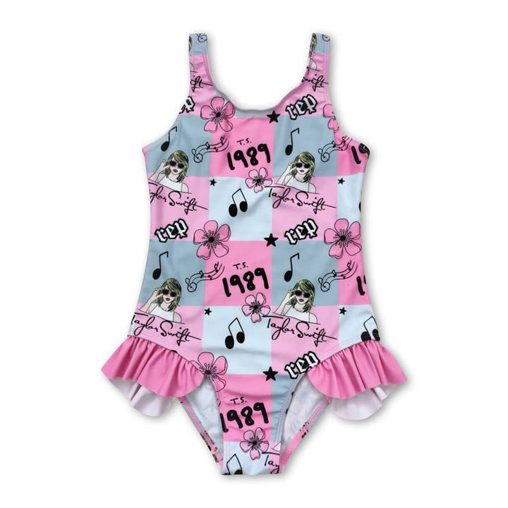 Yawoo Garments - Wholesale One Piece Swimsuit - Kids - Sleeveless pink plaid floral singer girls summer swimsuit