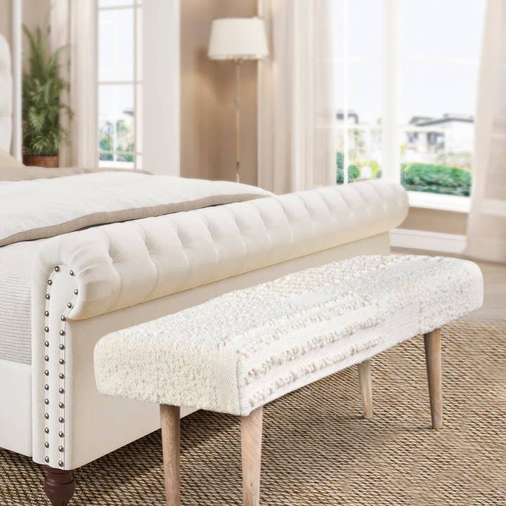 Anaya Home - Wholesale Bench - White Boucle Patchwork Handwoven Bench2