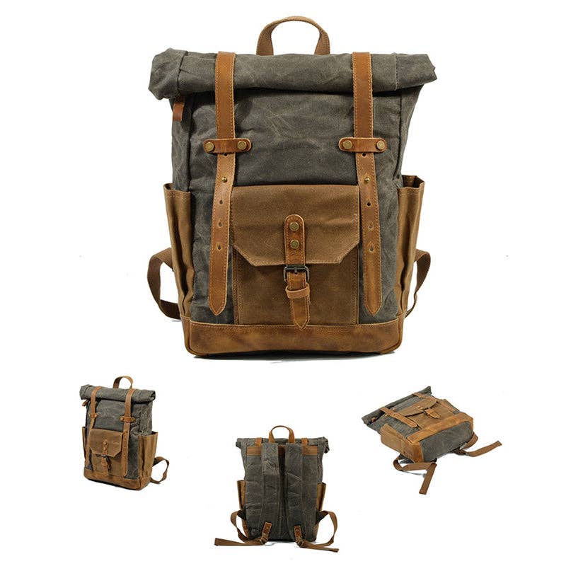 RockCow Leather Studio - Wholesale Backpack - Unisex - Wax Canvas With Full Grain Leather Travel Backpack Waterproof Waxed Canvas Laptop Rucksack Canvas Outdoor Backpack16