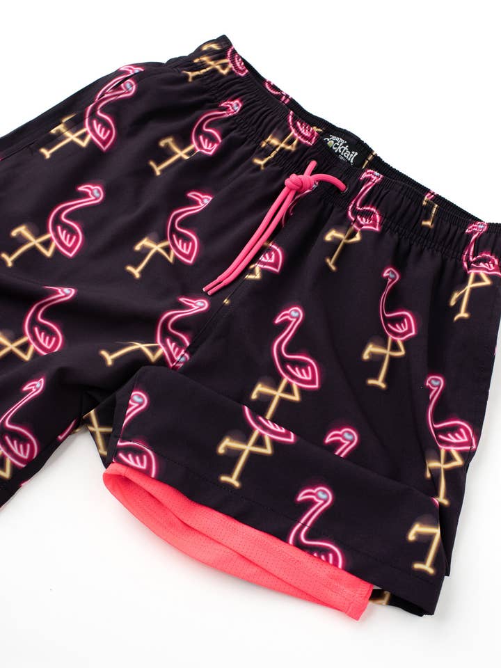 Neon Flamingos Hybrid Swim Shorts for wholesale by Team Cocktail