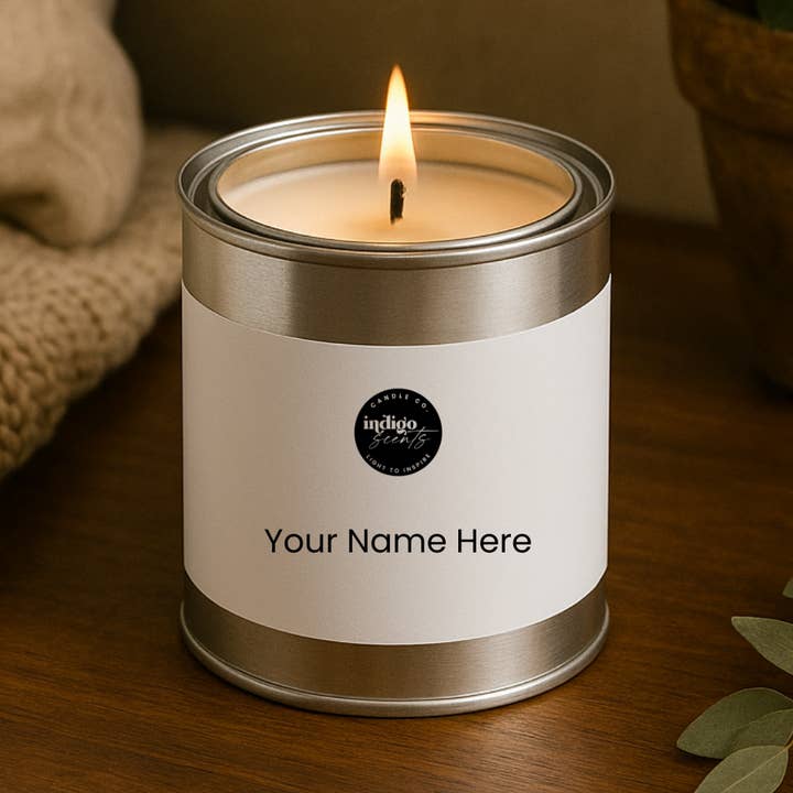 Bougie en boîte de peinture personnalisée de 8 oz avec étiquette privée pour la vente par Indigo Scents Candle Co.