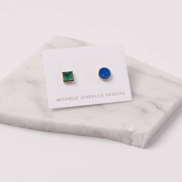 Michelle Starbuck Designs - Wholesale Stud/Post Earrings - Lapis + Malachite Mismatched Studs2