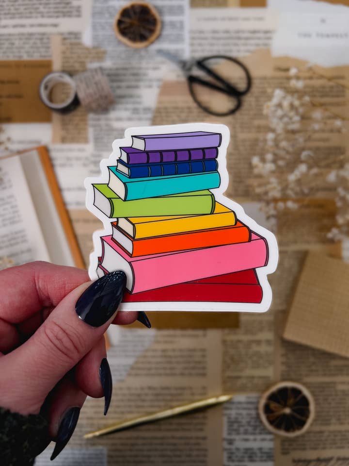 Rainbow Book Stack Sticker, 3x3in for wholesale by Twelfth Pine