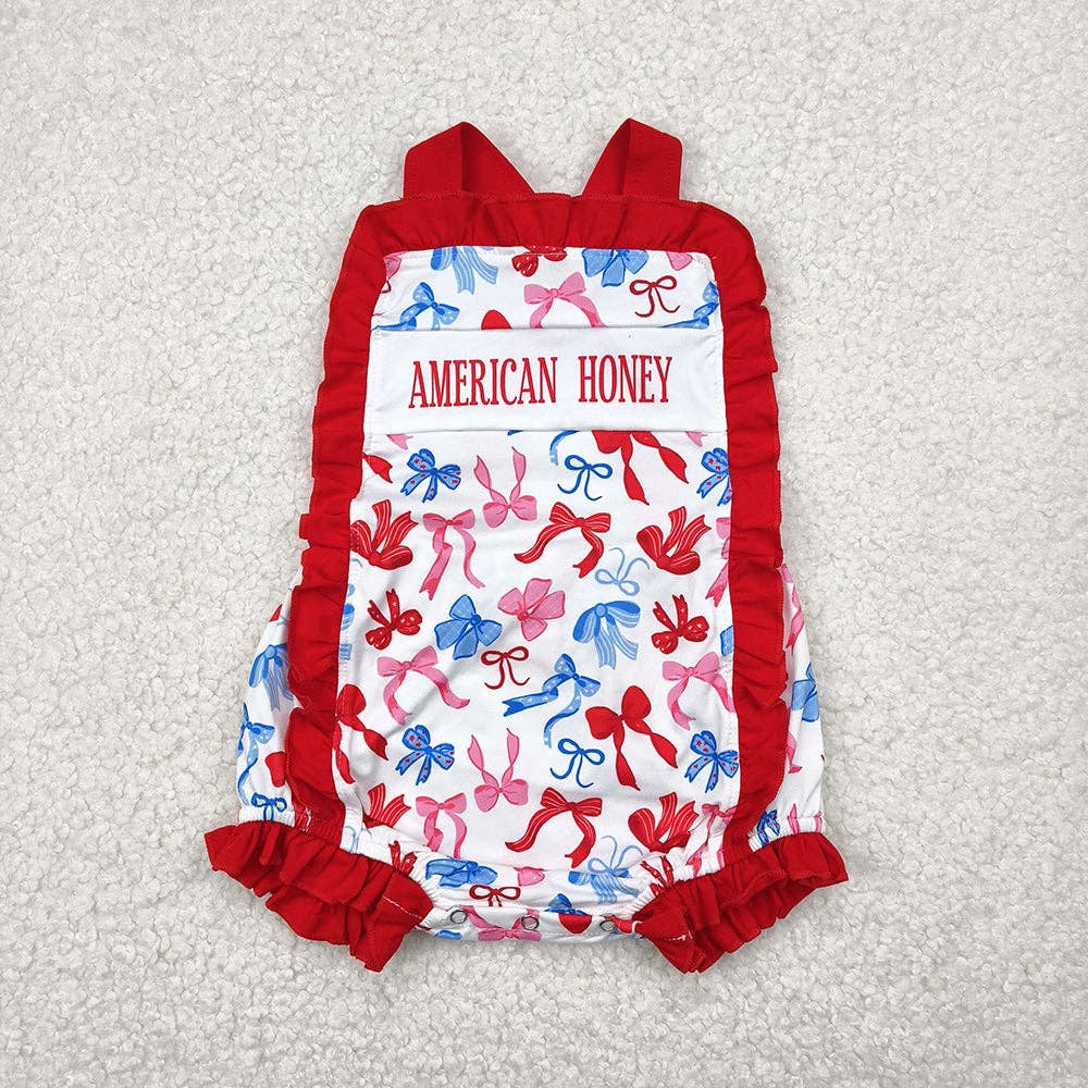 Aier Wholesale - Wholesale Bodysuit (Non-Footed) - Baby - Baby Girls Red Strap American Honey Blue Bows 4th Of July Rompers0