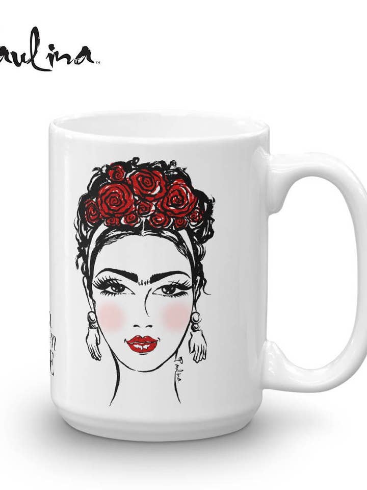 Fashion Frida Painting By Paulina "Never Give Up" Coffee Mug for wholesale by Paulina Clothing