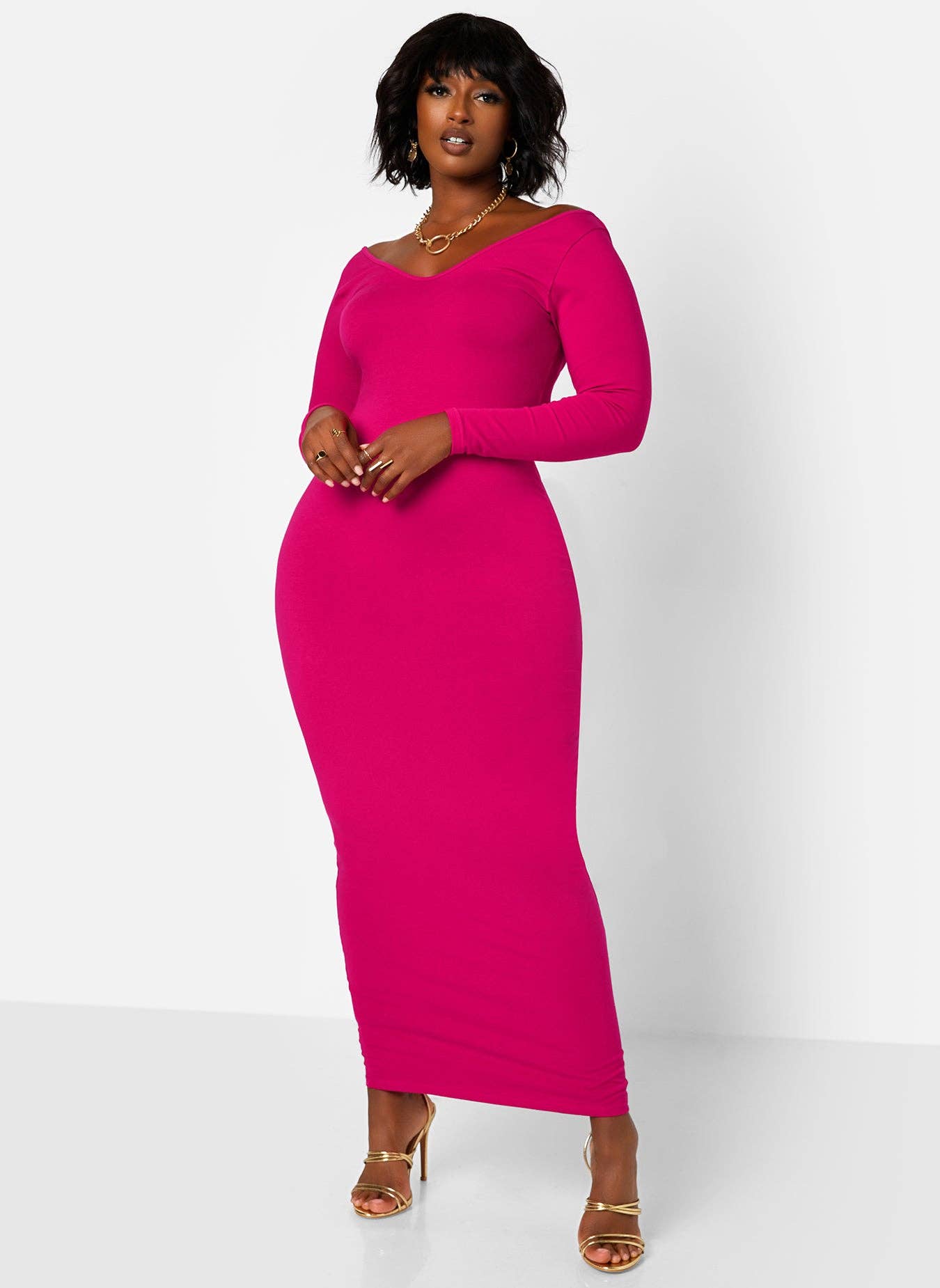 Essential Off The Shoulder Long Sleeve Maxi Bodycon Dress - Fuchsia for wholesale on Faire0