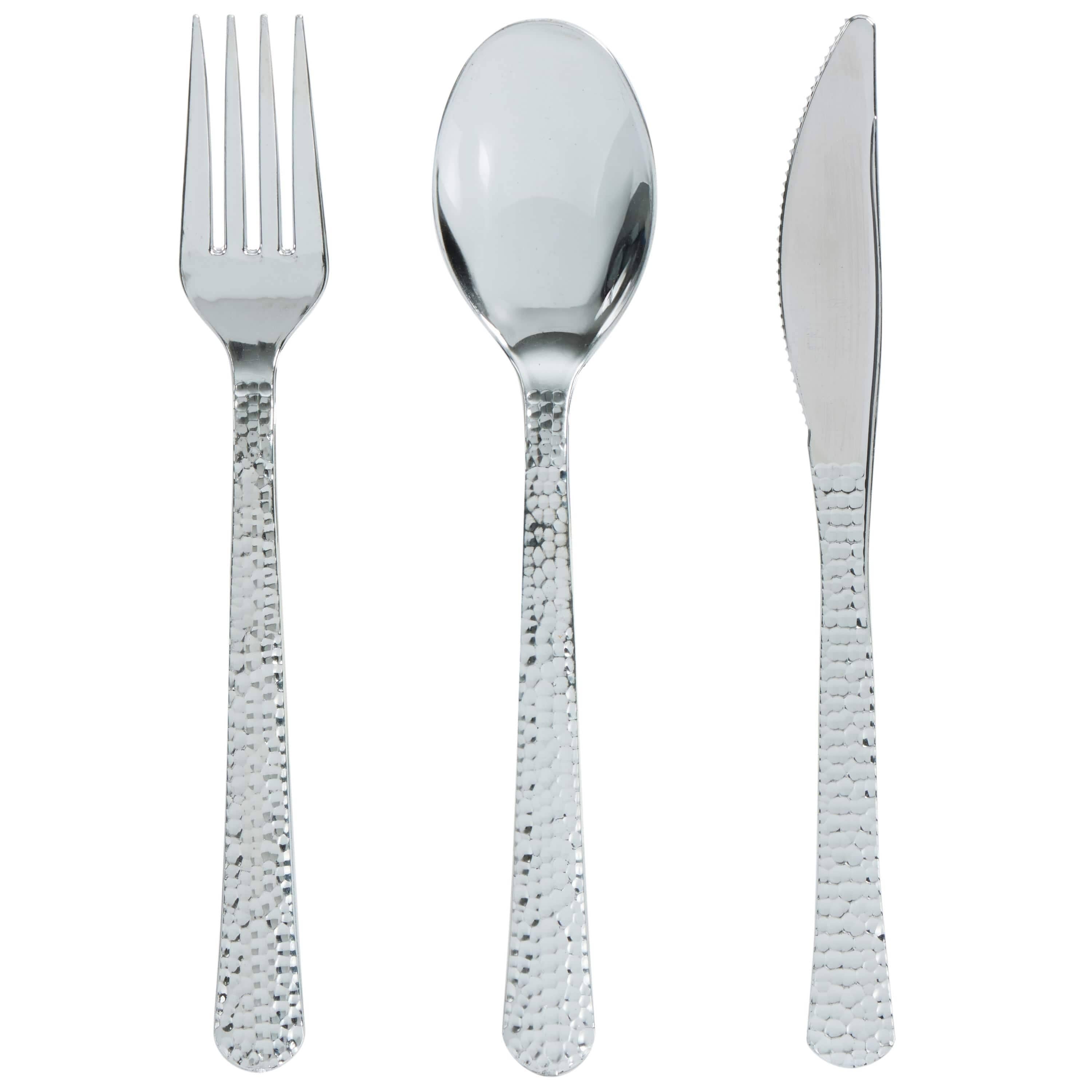 Luxe Party - Wholesale Assorted Cutlery Set - Silver Hammered Plastic Cutlery Combo Set | 96 Pieces1