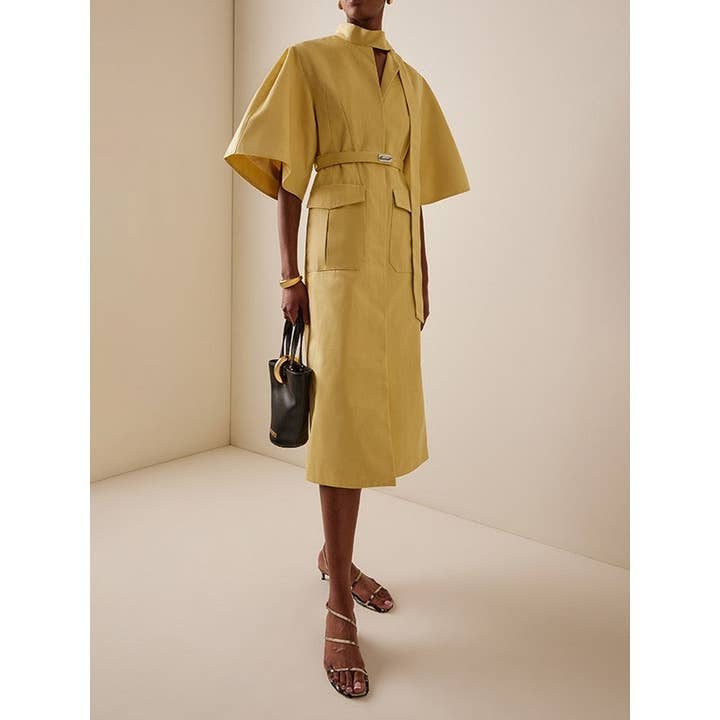 Abito midi in twill con cintura e fiocco al collo Ilardi per la vendita all'ingrosso da parte di UZ Wholesale Store