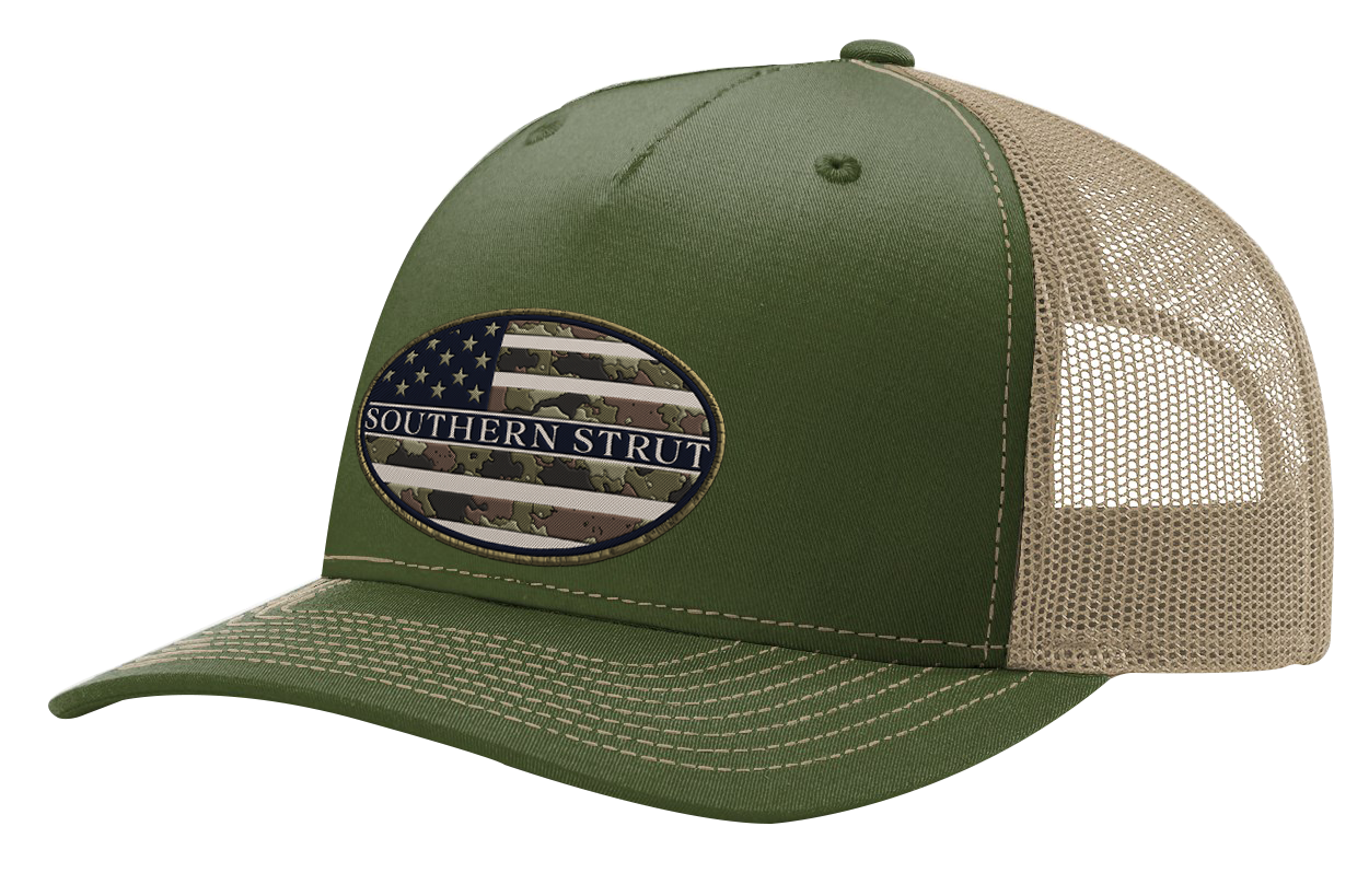 Southern Strut - Wholesale Trucker Hat - Unisex - Camo American Flag Oval Patch Trucker Hat1