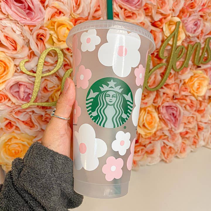 Lovely JEN's Designs - Wholesale Drinking Glass/Cup - Pink Retro Flowers Starbucks Cup3