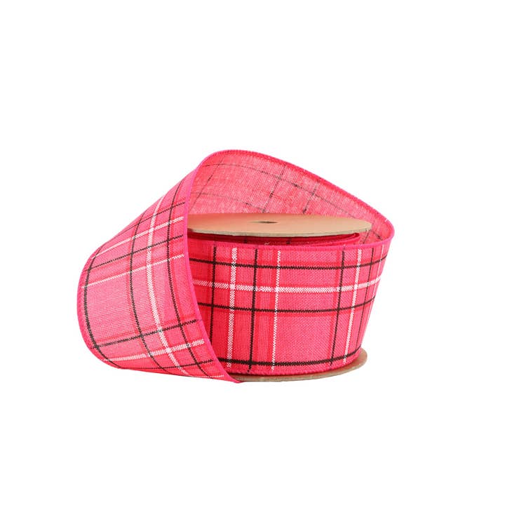 LA Ribbons Wholesale - Venta al por mayor Cintas - Envoltorio de regalos - Cinta con alambre | tela escocesa rosa fuerte/primaveral | rollo de 10 yardas