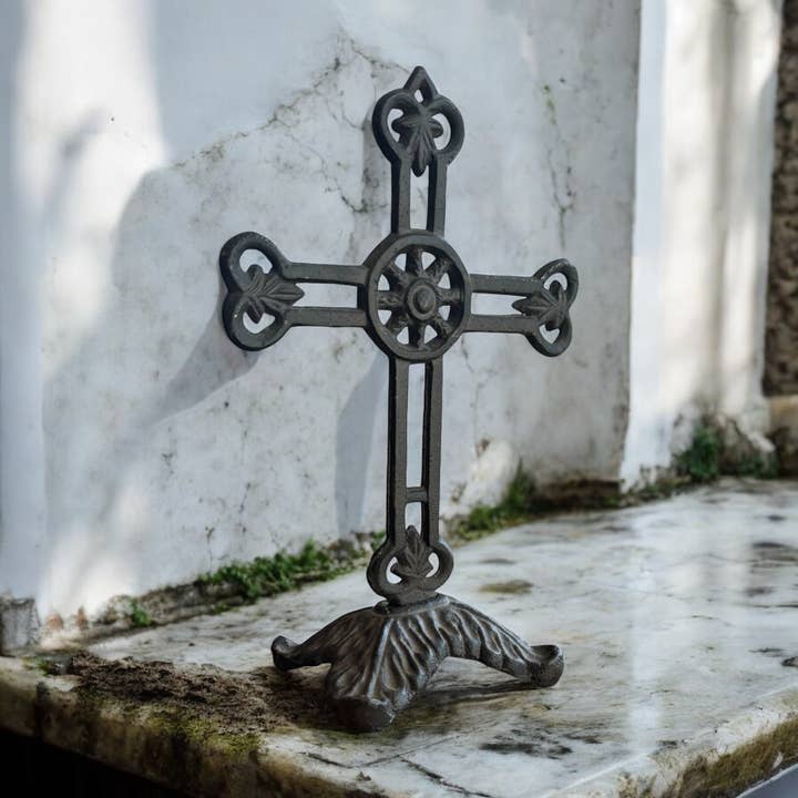 Wilco Home - Wholesale Wall Cross - Cast Iron Filigree Table Cross on Rectangular Pedestal Base