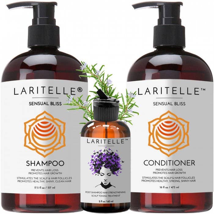 Laritelle Organische Haarverzorgingsset Sensual Bliss: Shampoo 17,5 oz + Conditioner 16 oz + Bonus Na-Shampoo Haarversterkende Behandeling voor wholesale door LARITELLE