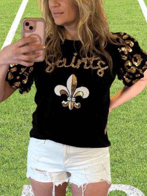 Sash Clothing Bar - Wholesale Blouse - Women's - Black and Gold Gameday New Orleans Tinsel Script Top0