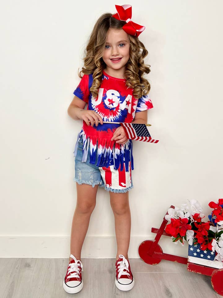 Blue USA Fringe Top and American Flag Denim Short Set for wholesale on Faire