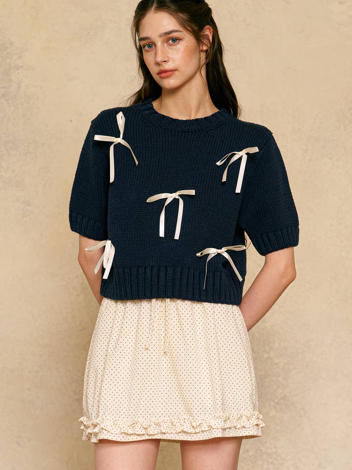 RP2430 - Marineblå sweater med bånddetaljer for engroshandel hos ROSIE POSIE