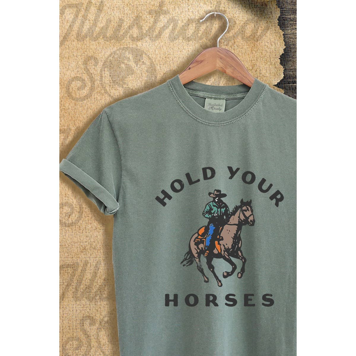 Illustrated Society - Vente T-shirt sérigraphié – femme - T-SHIRT GRAPHIQUE VINTAGE HOLD YOUR HORSES1