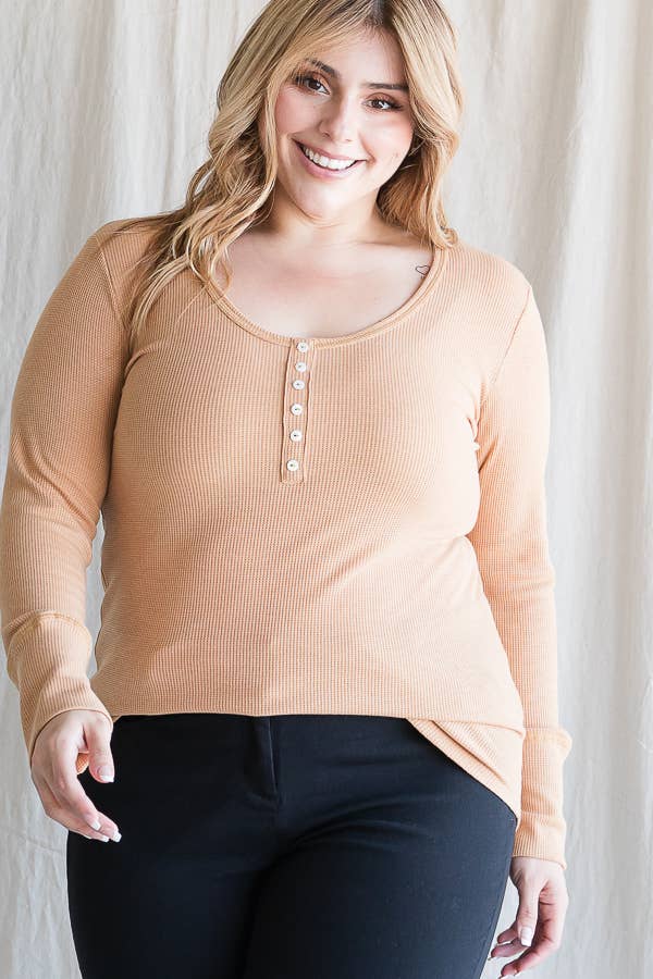 7th Ray - Wholesale Knit Top - Women's - [PLUS SIZE] Thermal Button Front Scoop Neck Top T4316XL8