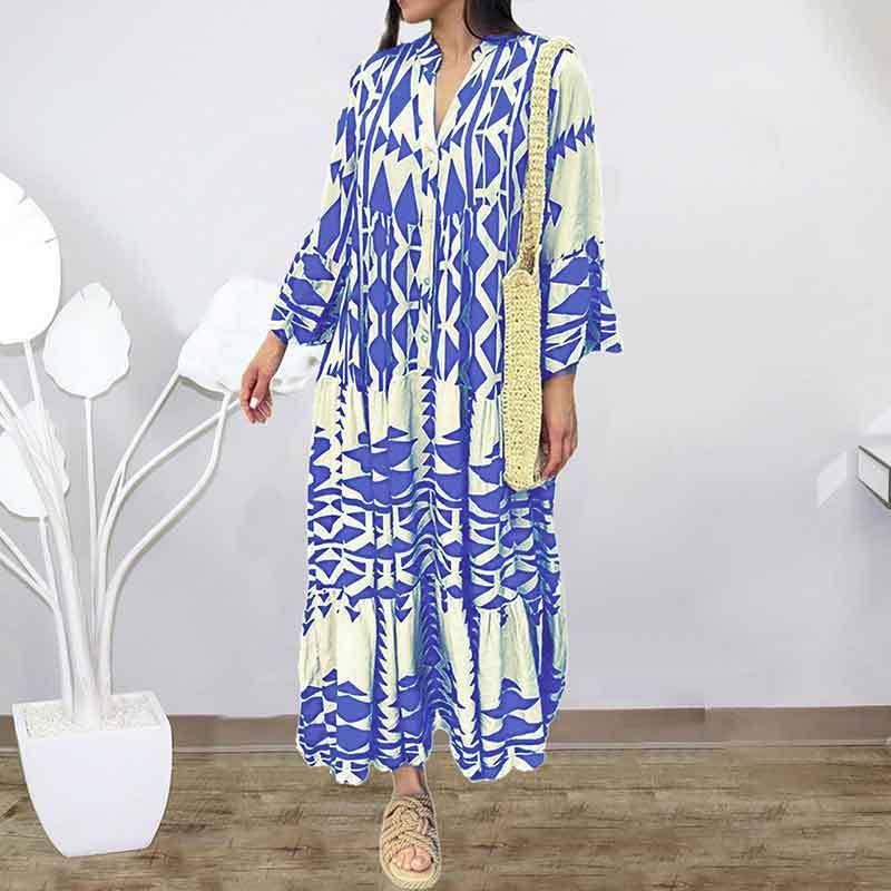 UNISHE - Wholesale Dress - Women's - V Neck Button Printing Maxi Dress ZK8785