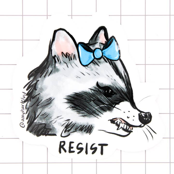 Resistance Raccoon Vinyl Sticker for wholesale by Amy Hartelust Art and Illustration