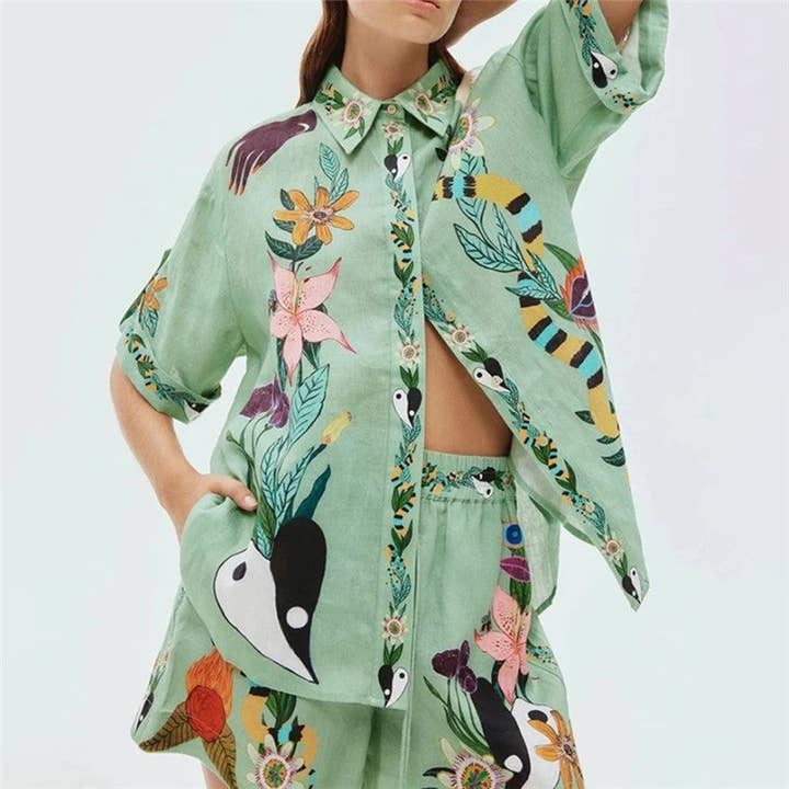GREEN Relaxed Fit Printed Short Sleeve Shirt And Shorts Set for wholesale on Faire