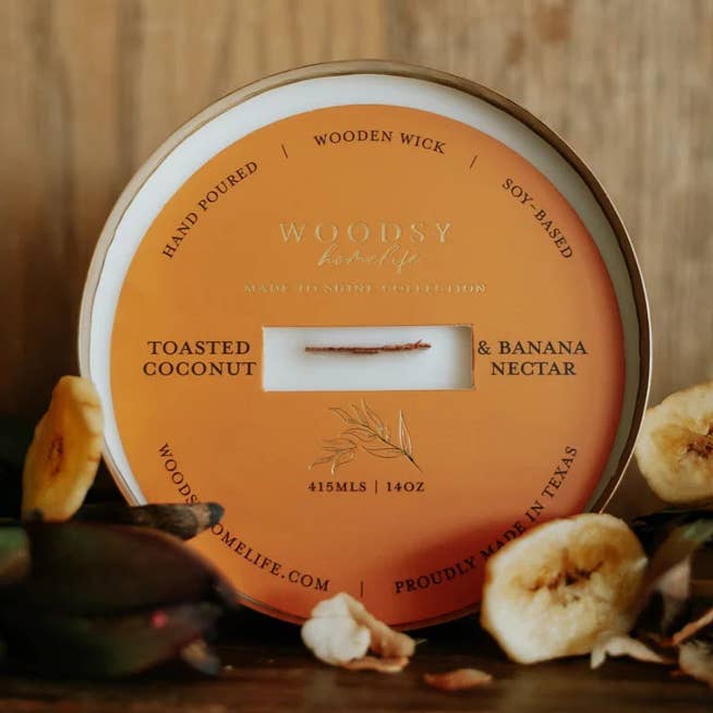 Néctar Tostado de Coco e Banana - Vela de Soja Pura de Latão Sólido 14OzPure por atacado de Woodsy Homelife