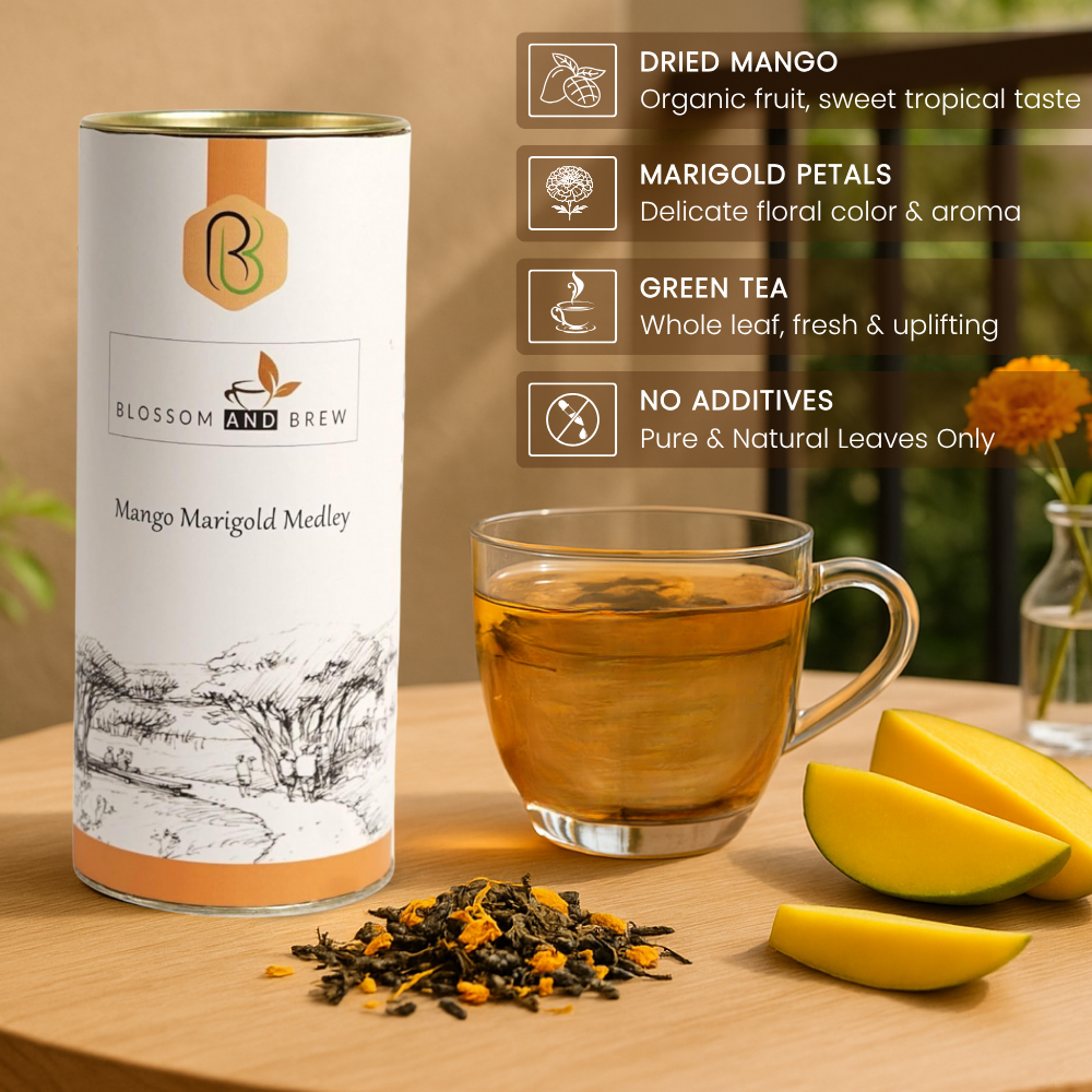 Blossom & Brew – wholesale Löst te – Grönt te-mango ringblomma medley, fruktig och blommig blandning11