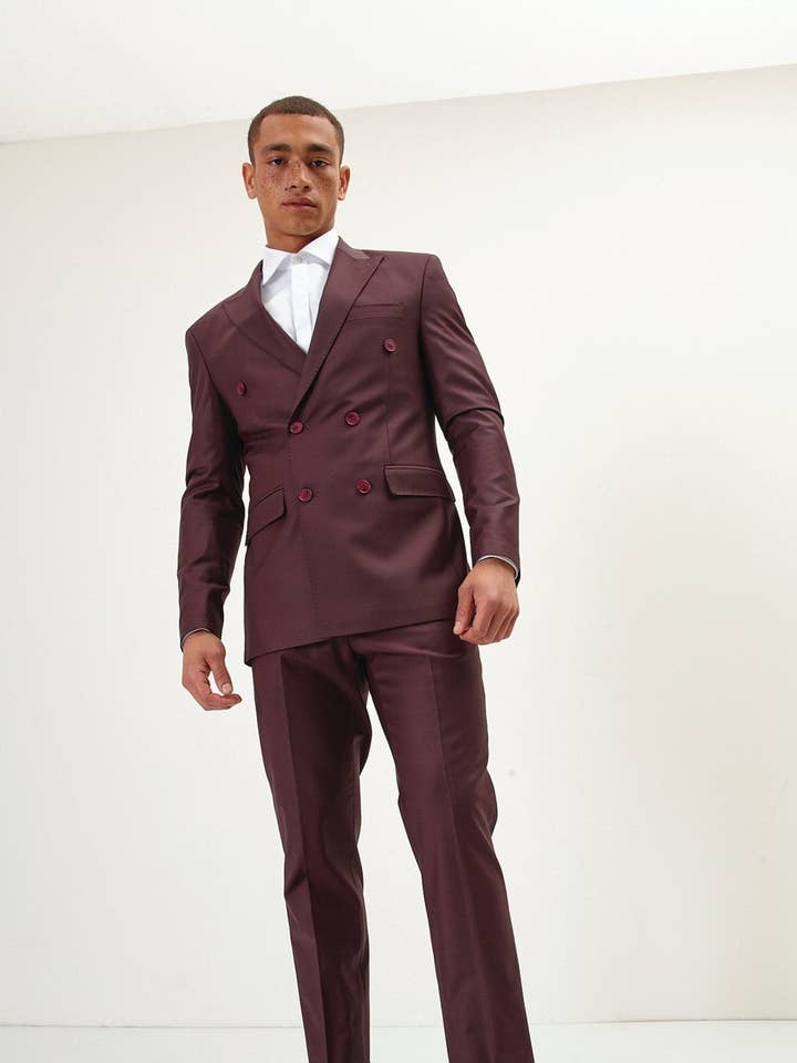 Men's Super 120S Merino Wool Double Breasted Suit - Burgundy for wholesale by Ron Tomson