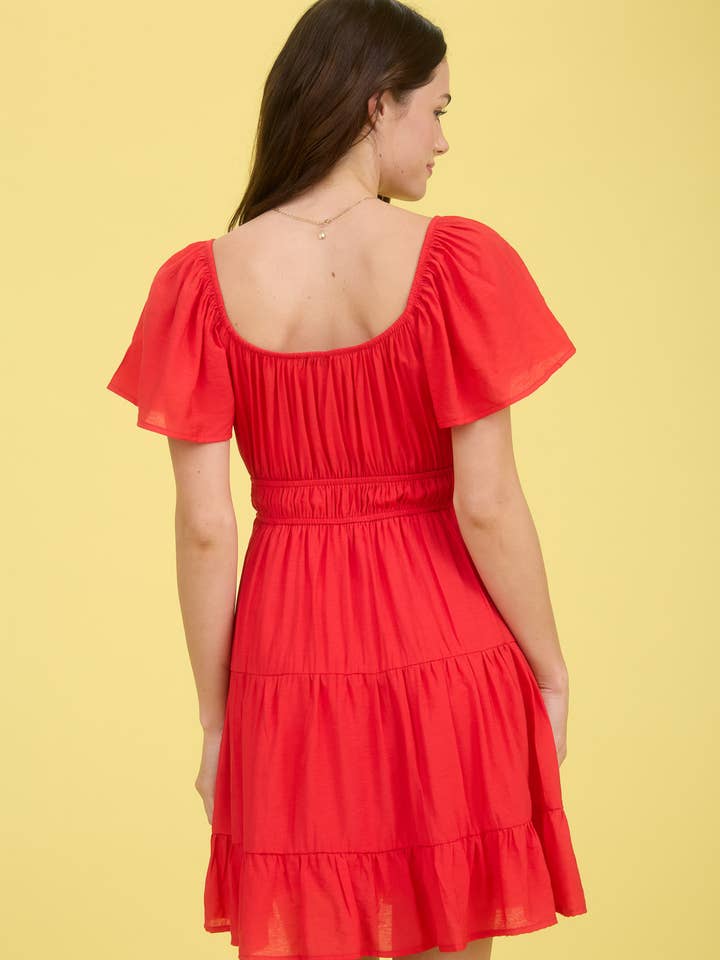 Blu Pepper - Wholesale Dress - Women's - FRONT TIE STRAP SHORT SLEEVE TIERED MINI DRESS