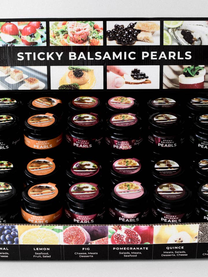Sticky Balsamic Pearls Display Box for wholesale by Sticky Balsamic USA LLC