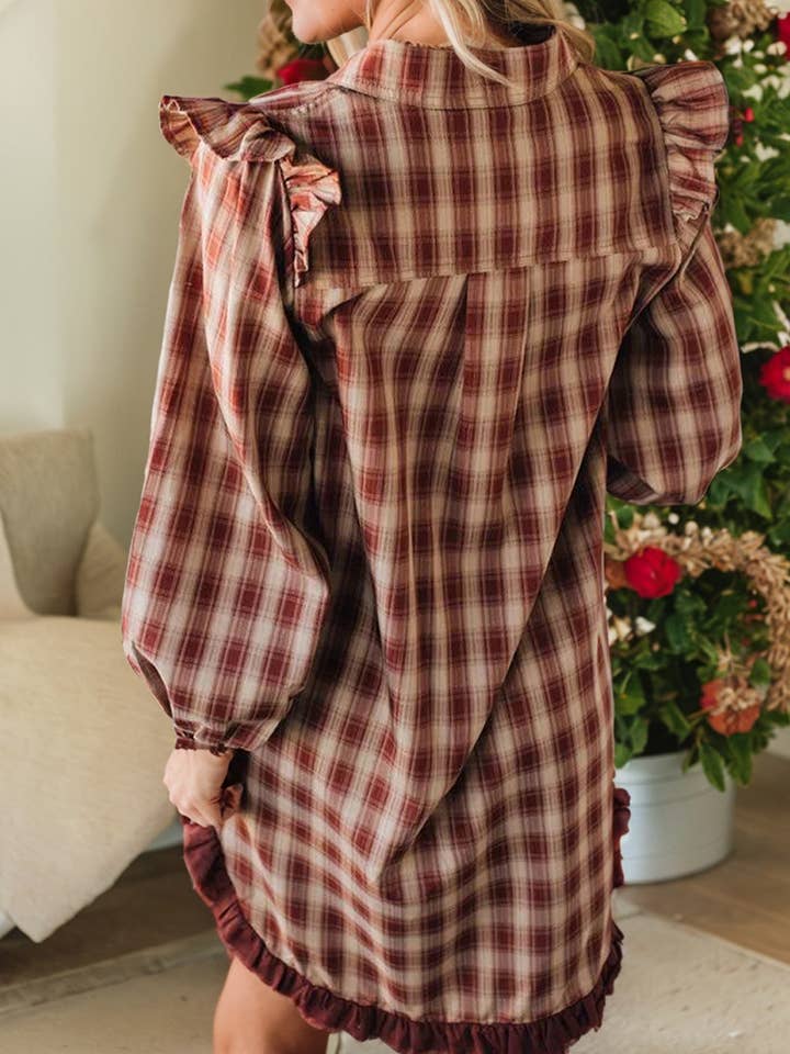 Red Plaid Long Sleeve Contrast Hem Patchwork Mini Shirt Dress for wholesale on Faire2