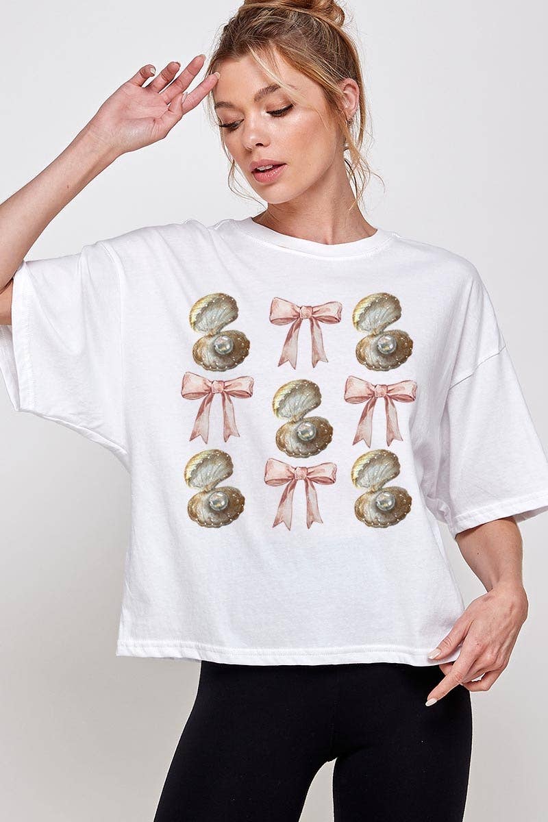 Pink Irene Wholesale - Wholesale Shirt - Women's - Coquette Pearl Oyster Graphic Relaxed Crop Top2