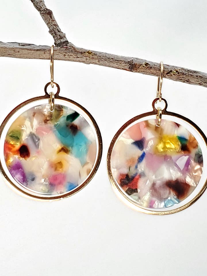 Earrings, Multi-colored Resin Disks & Gold Hoops, Aura for wholesale by Jezabel Adornment